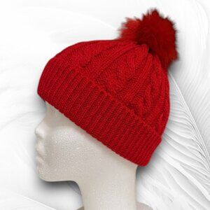 Red Knit Beanie Hat With Pom Pom Cozy Winter One Size